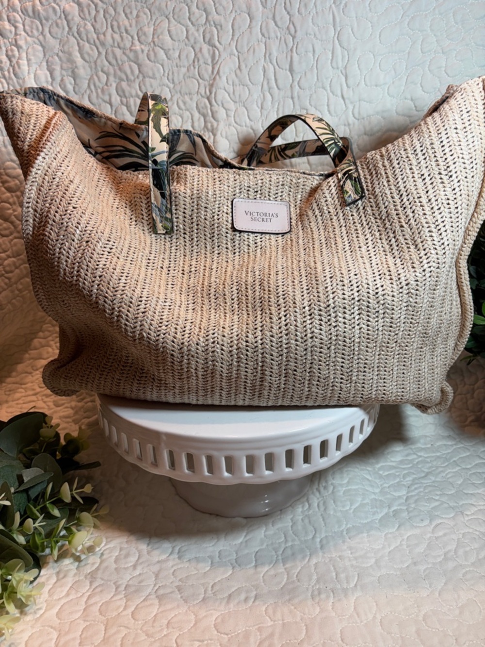 Victoria's Secret Beige Woven Straw Tote with Palm-Print Handles and Interior